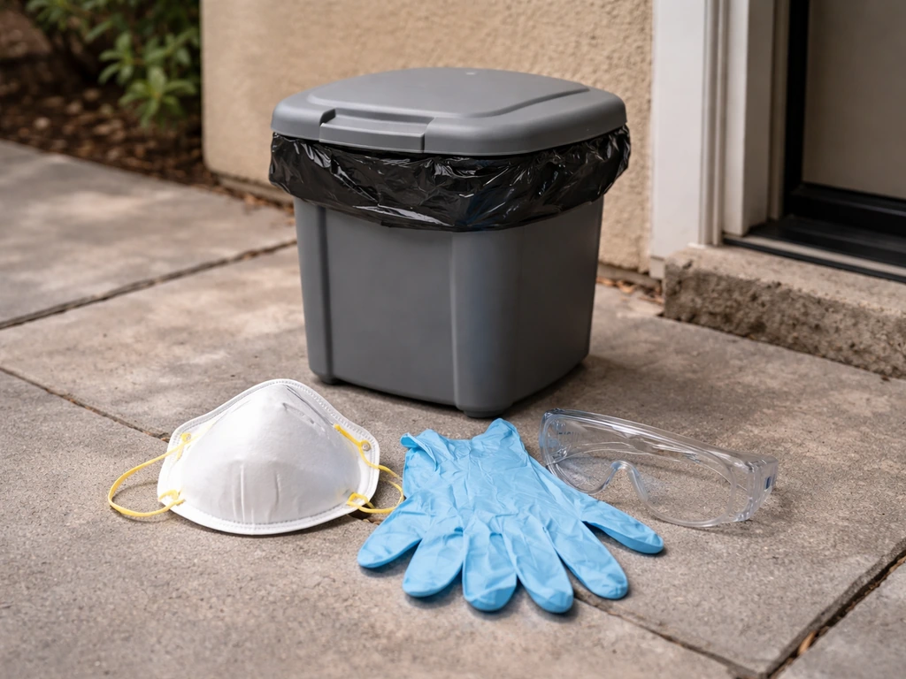 PPE laid out for safe bird-dropping cleanup: N95 respirator, gloves, goggles beside a covered waste container.