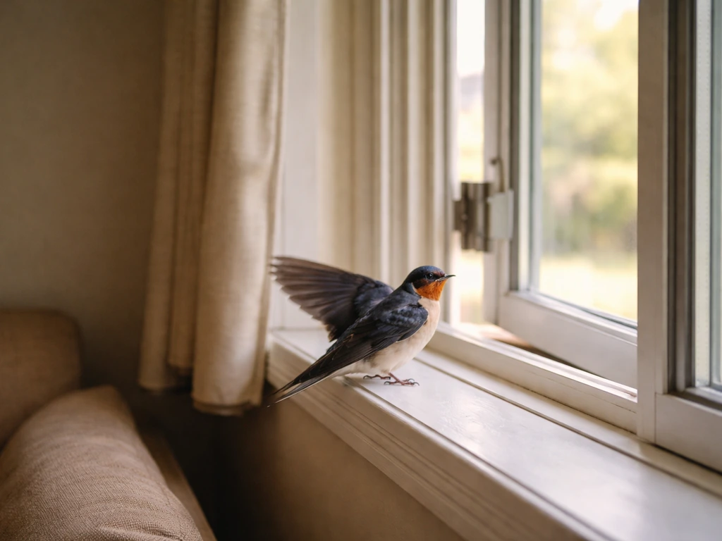 A swallow perched by an open window inside a home, facing outside as if trapped indoors.