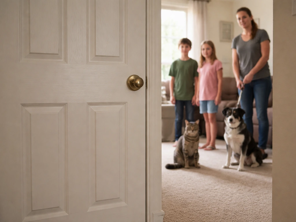 Calm living room with one interior door closed and a pet-safe room boundary behind, bird escape setup