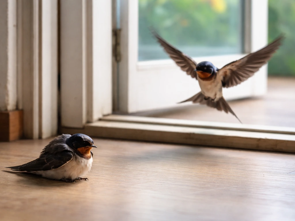Healthy swallow flying near a window while an injured swallow sits fluffed on the floor nearby.