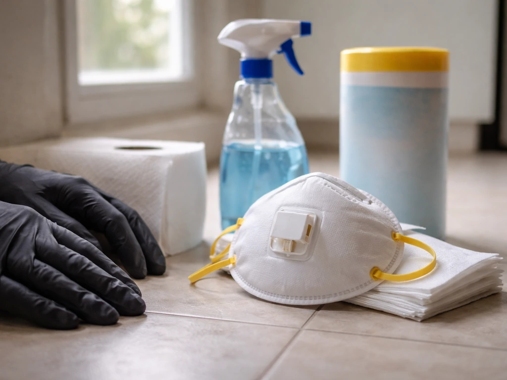 Nitrile gloves and N95/P100 respirator on a cleaning station with paper towels near droppings cleanup items.