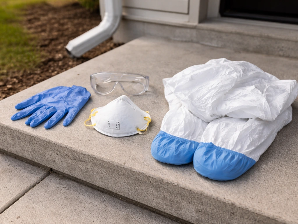 Gloves, goggles, respirator, and disposable coveralls laid out for safe bird cleanup near a downspout.