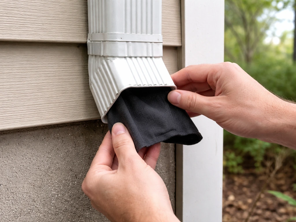 Hands loosely covering a home downspout opening with dark cloth/cardboard for humane bird exit access.