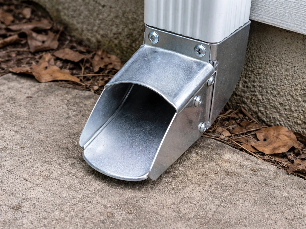 One-way exit device installed over a downspout bottom opening for humane bird guidance.
