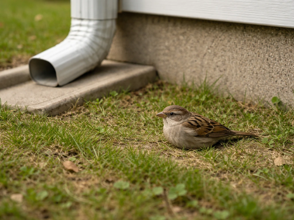 Small bird resting on grass just outside a house downspout after exiting, distant calm aftercare moment