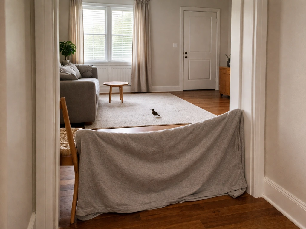Small bird isolated in a closed room behind a partially blocked doorway with doors and windows shut