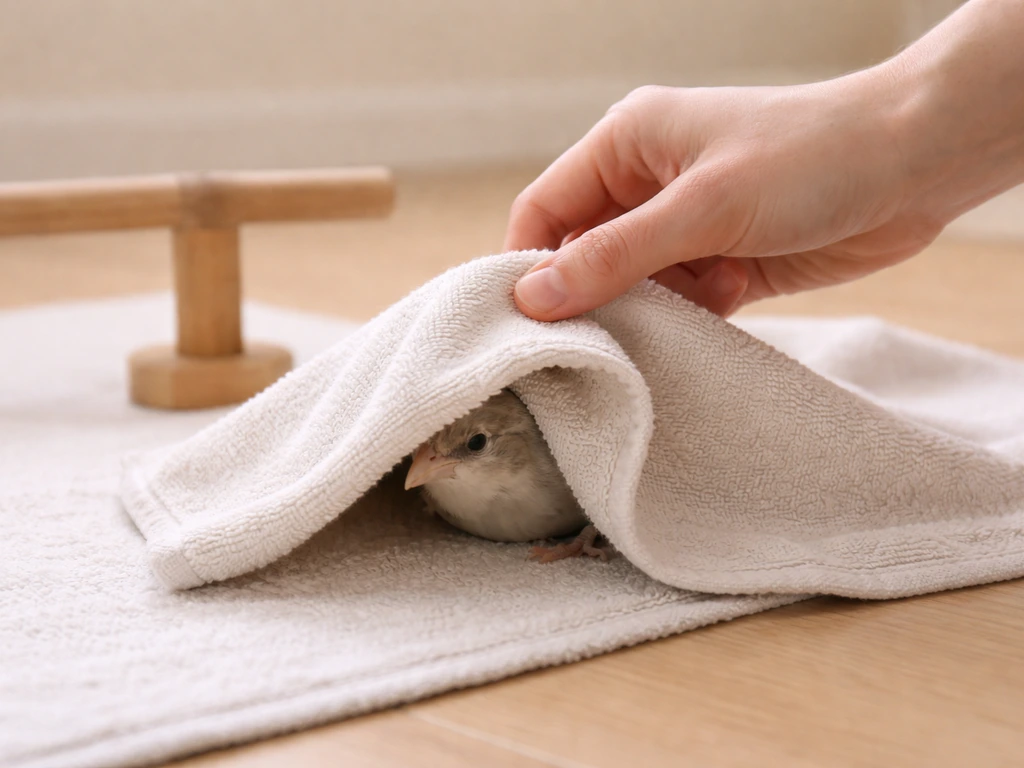Lightweight towel gently covering a grounded pet bird to calm it and minimize flapping