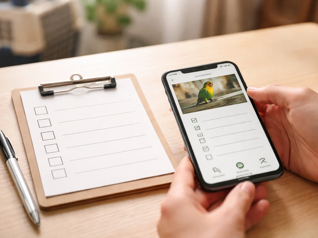 Close-up of a smartphone showing a bird rehoming listing and checklist, with a clipboard and pen nearby.