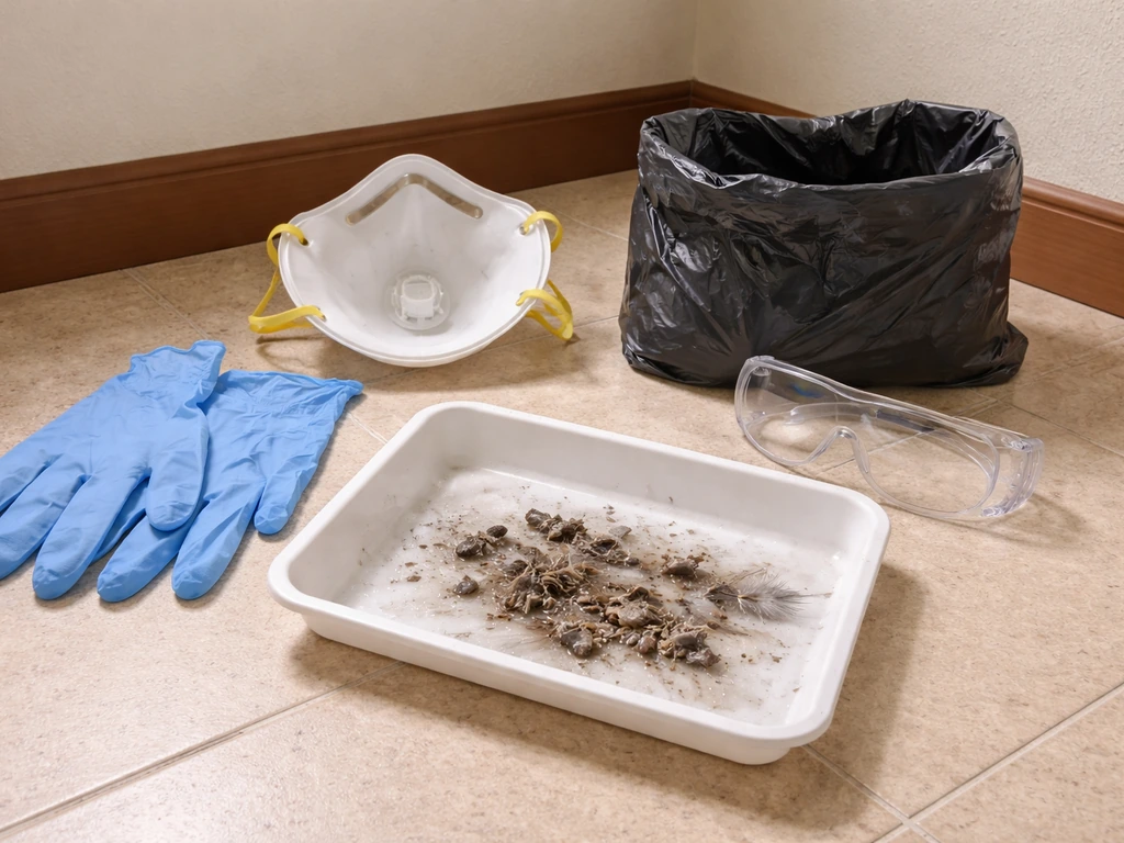 Staged PPE setup with N95, gloves, goggles, and a tray of wetted feathers and droppings in a contained area