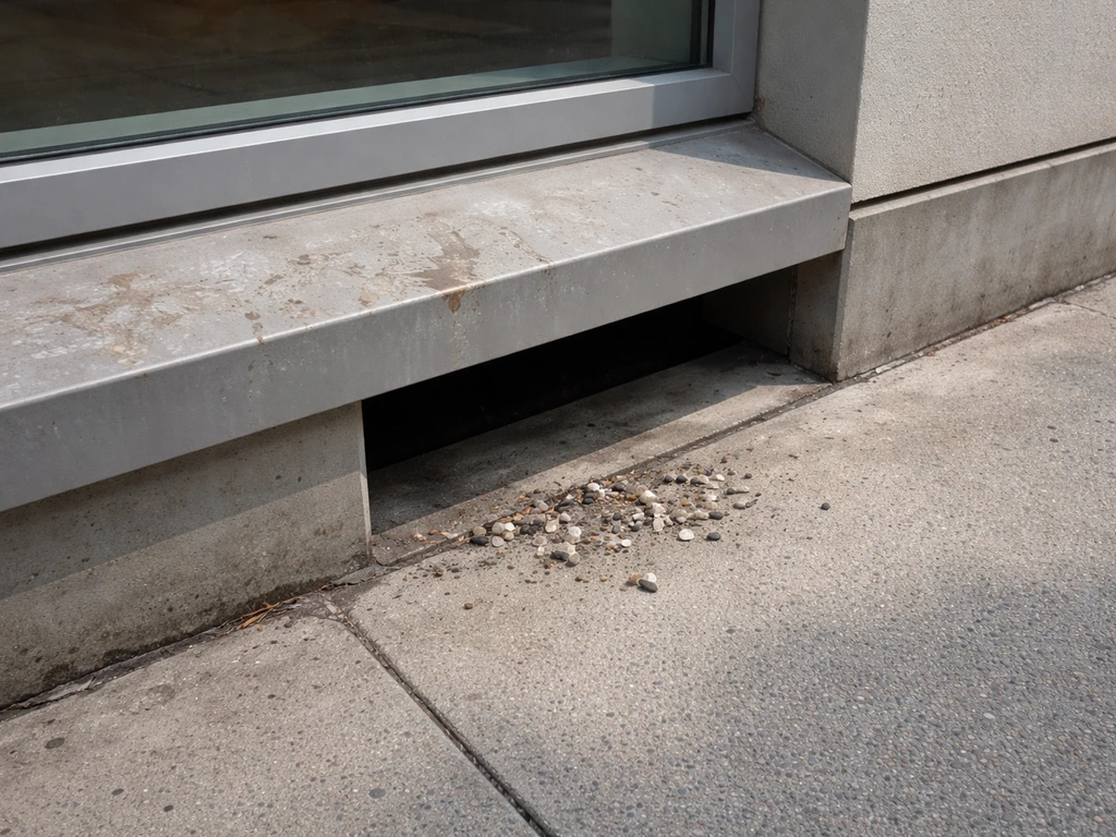 Building ledge with scratch marks and bird droppings below, showing where birds enter and perch.
