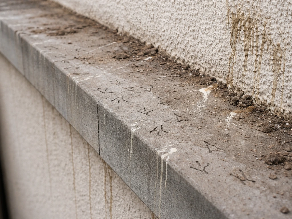 Close-up of a building ledge with scratch marks and streaky droppings on a nearby wall.