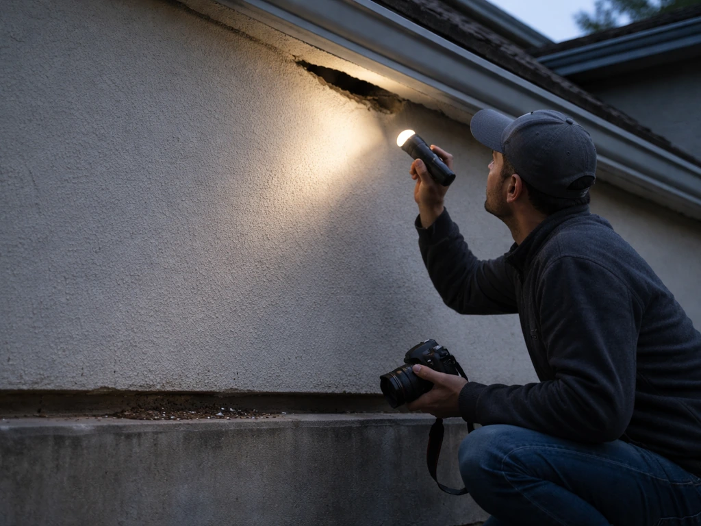 Inspector kneeling with flashlight and camera, checking building ledges and roofline for bird entry signs