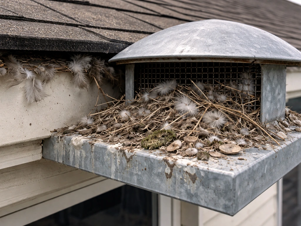 Bird feathers, droppings, and nesting material around a roof vent cap screen and soffit edge.
