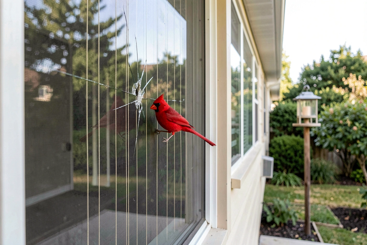 Cardinal near a window with reflections blocked by outdoor deterrents