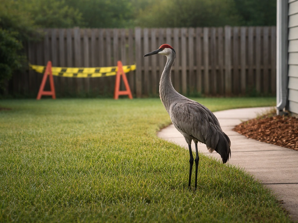 A crane bird at the edge of a fenced property, with safe-distance barriers suggesting humane deterrence.