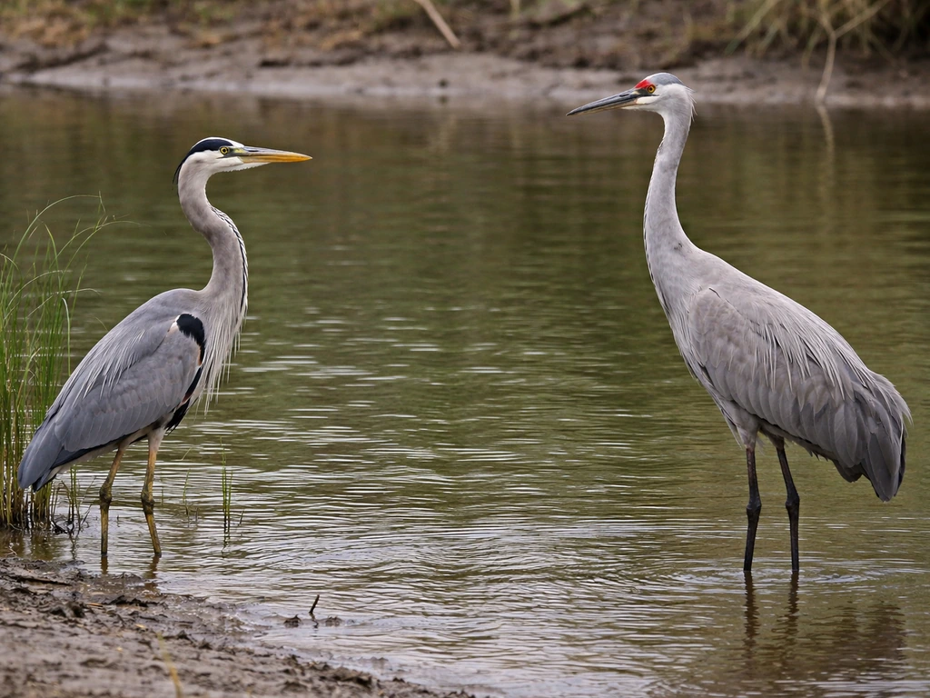 Two standing wading birds side-by-side on a riverbank, showing heron-like and crane-like shapes.