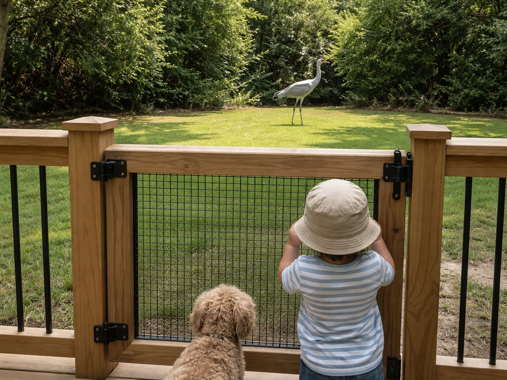 A crane in a yard while a closed gate keeps a child and pet safely behind a barrier.