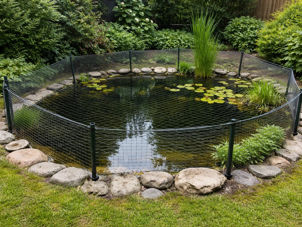 Backyard pond perimeter protected with secured mesh netting to block crane access to the edges.