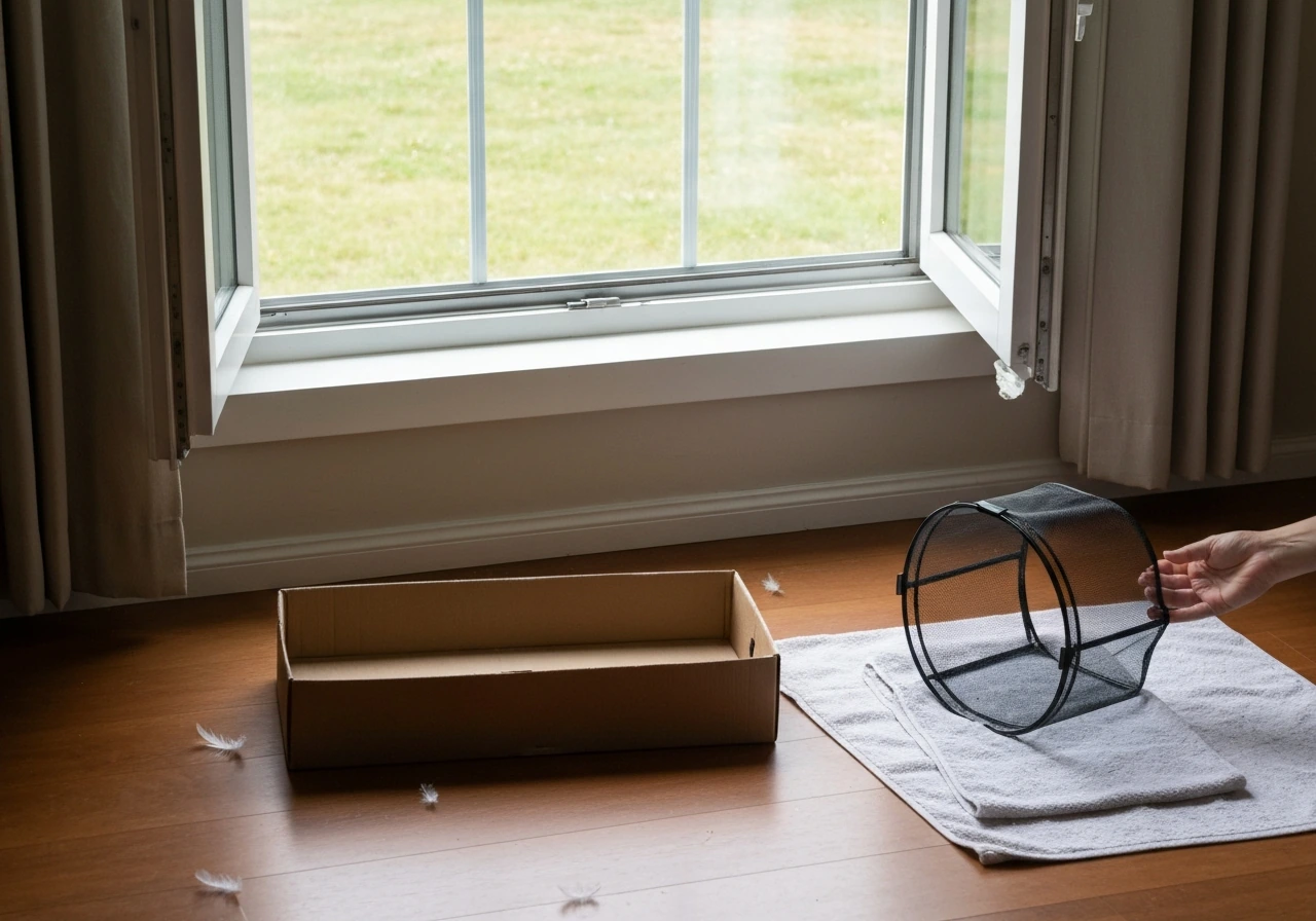 Open window and prepared empty transport box on the floor for safely containing a bird inside.