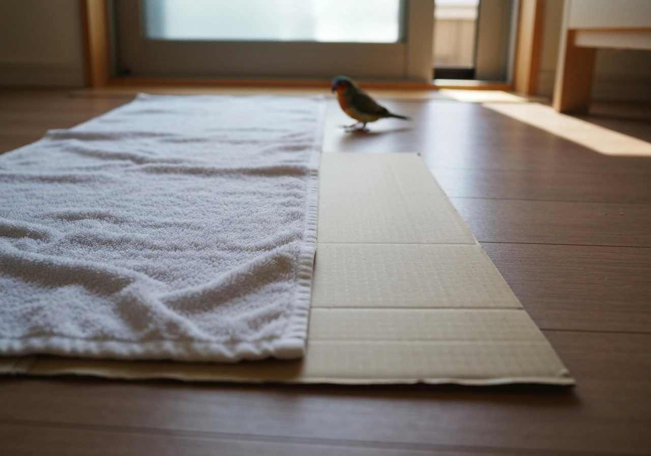 Close-up of a towel-lined pathway guiding a small bird toward an open door for safe containment