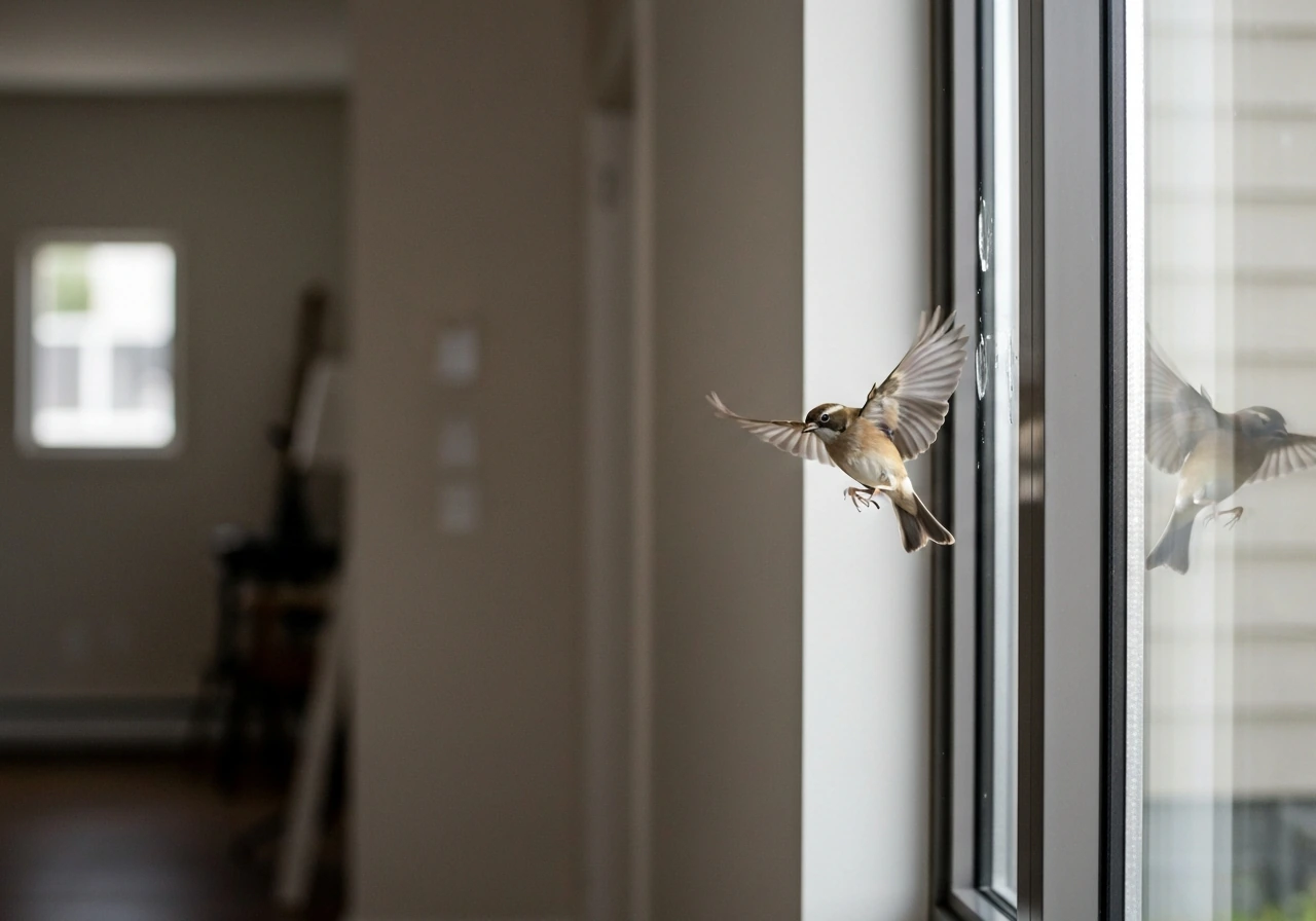 A healthy adult bird flutters near a window after a collision, pressed close to the glass