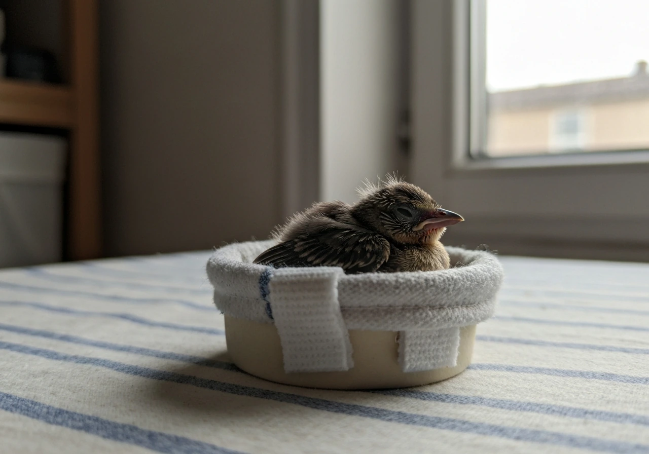 Tiny partially feathered nestling resting in a cloth-lined improvised container indoors.