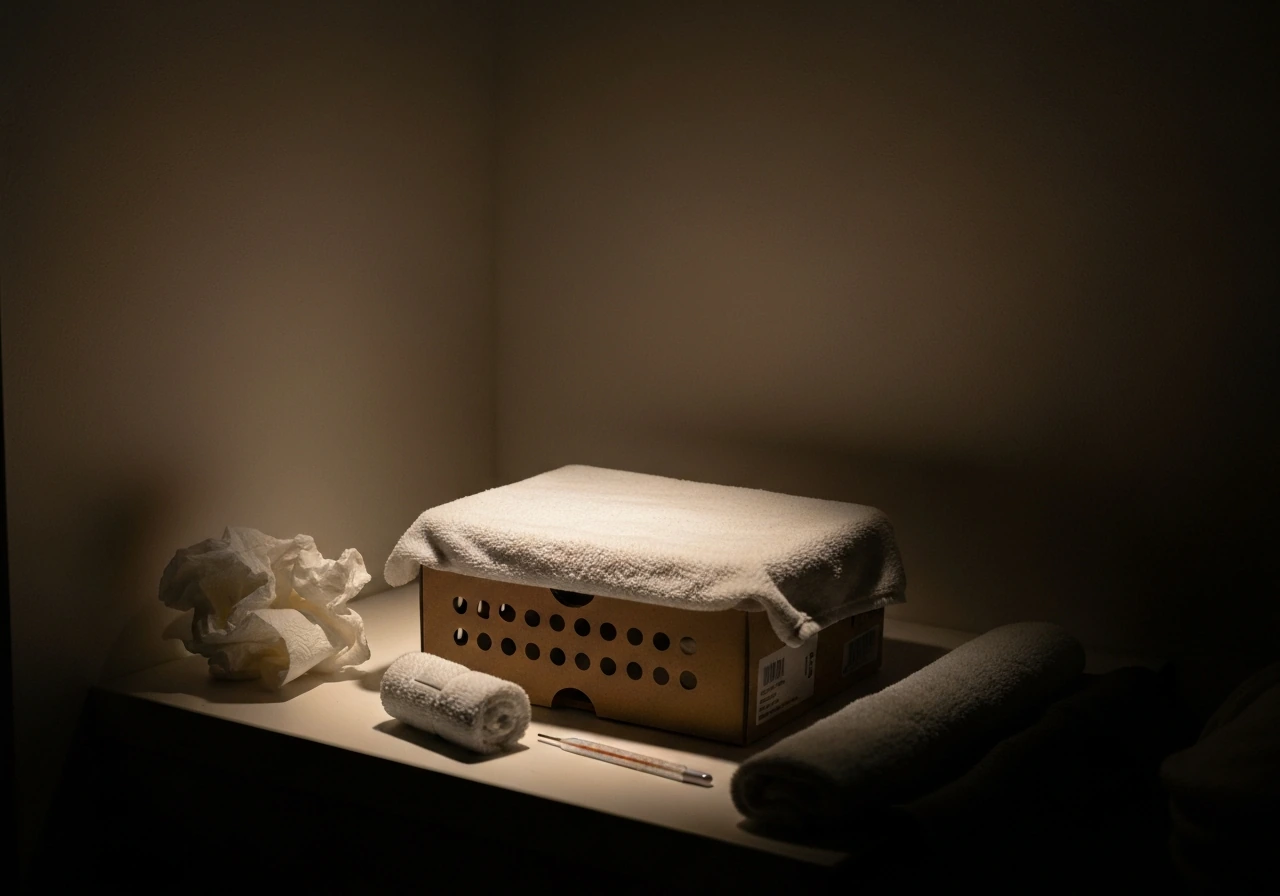 Ventilated shoebox with a soft cloth in a warm, quiet dark corner, bird rehab supplies ready
