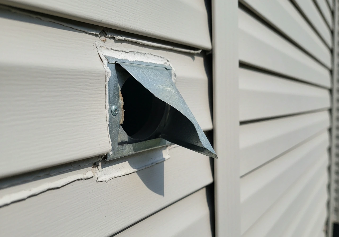 Close-up of an exterior dryer vent with a missing cover, showing a dark gap near the siding