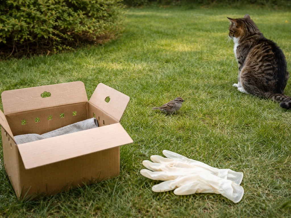Cat kept away from a small bird in a backyard, with gloves and a transport box nearby.