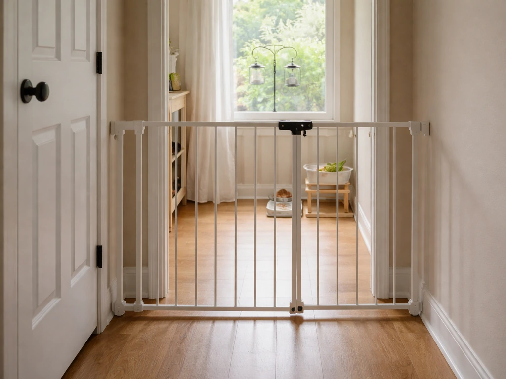 Closed door and baby gate block a window area to keep a cat out of bird space indoors.