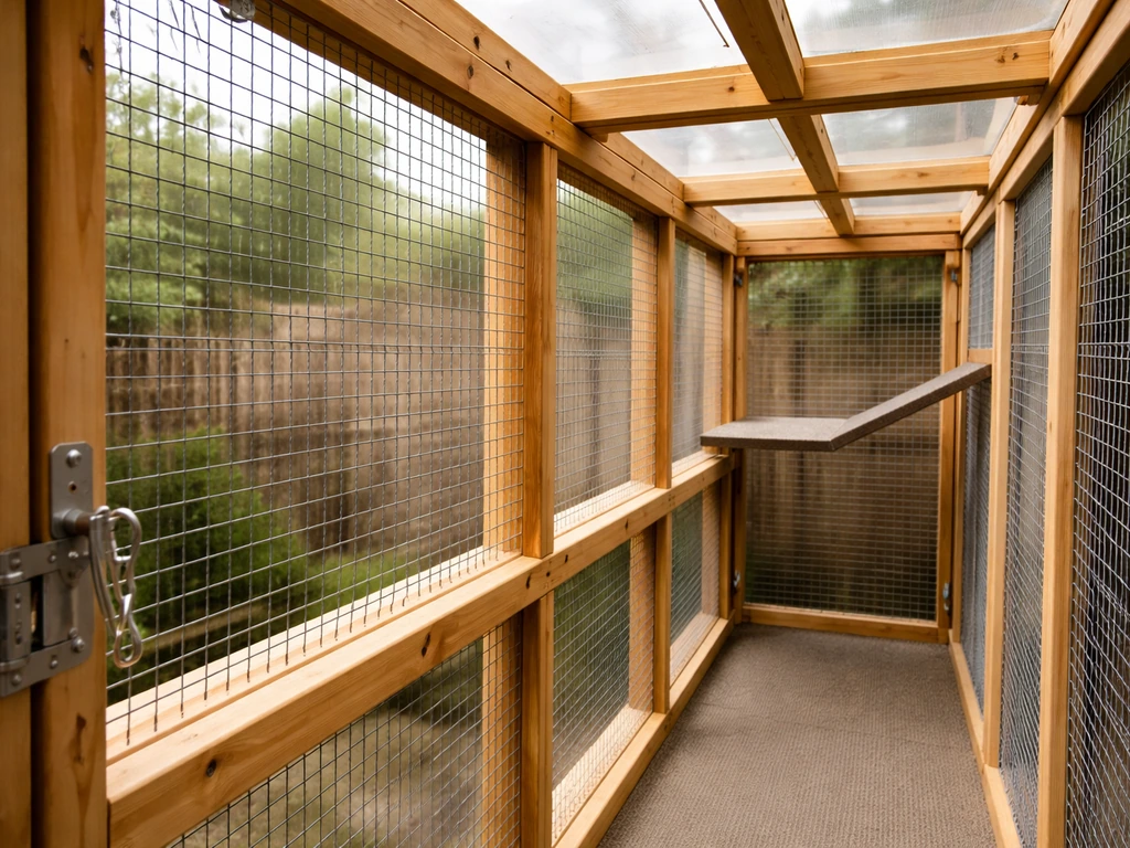 Close-up of a secure enclosed catio with sturdy mesh panels blocking outside predators.