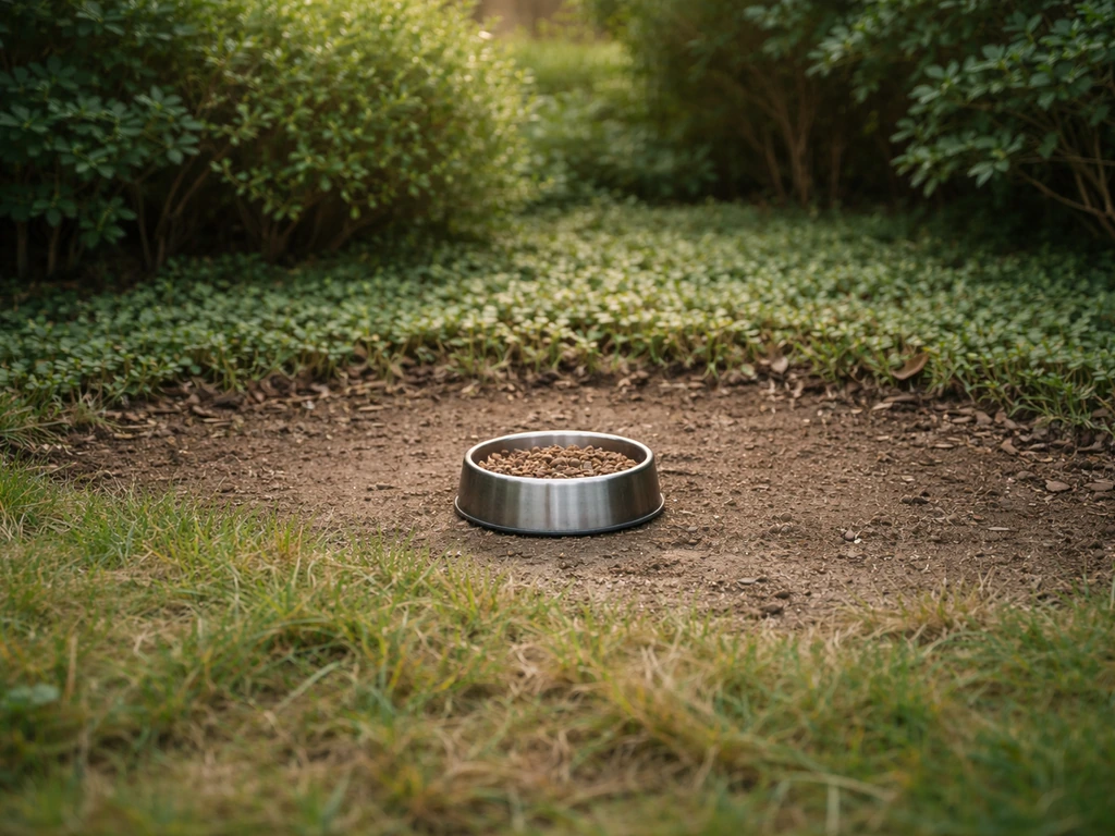A trimmed yard feeding area with dense low cover cleared back to reduce ambush spots for cats.