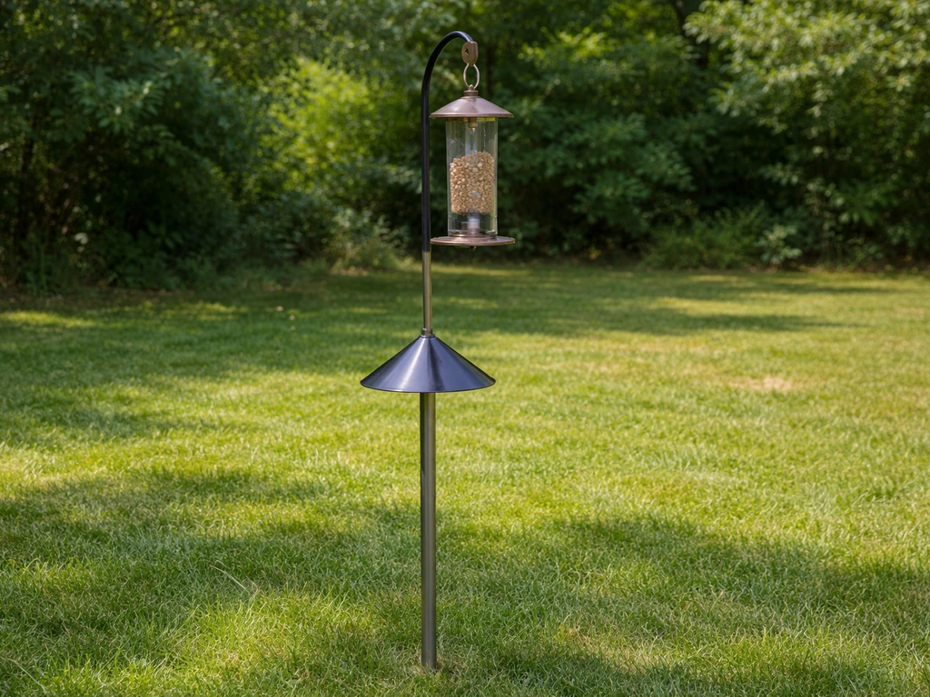A metal pole with a mounted bird feeder, placed away from fences and overhanging branches.