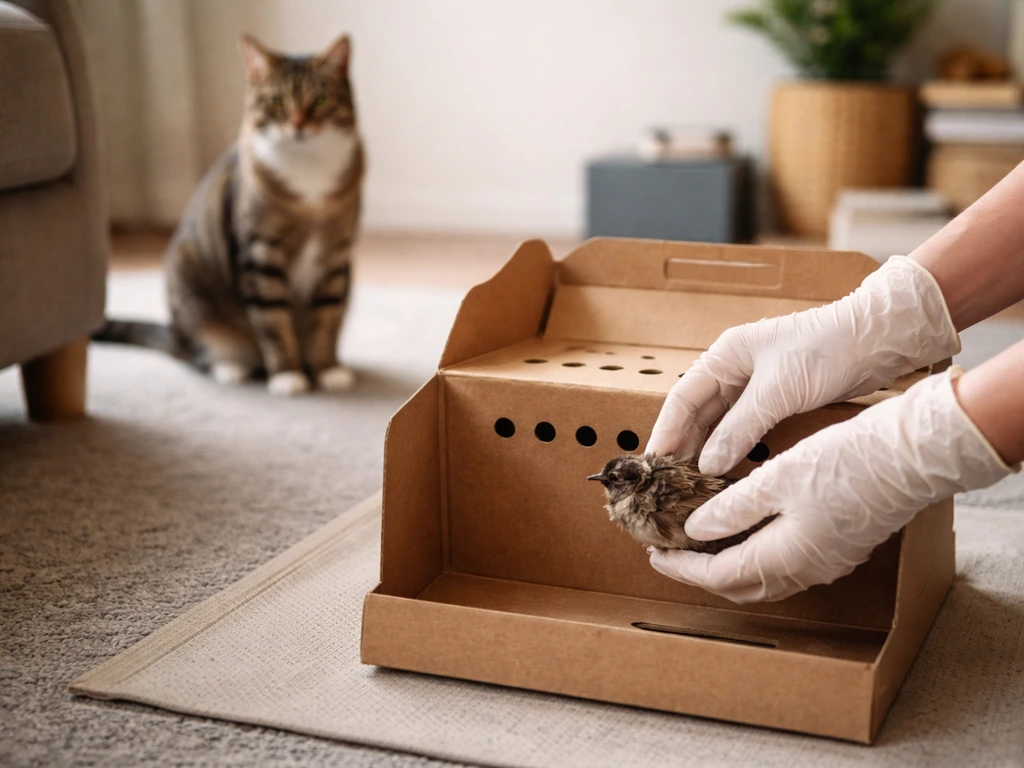 Indoor scene showing a cat kept away while gloves handle an injured bird placed in a ventilated box