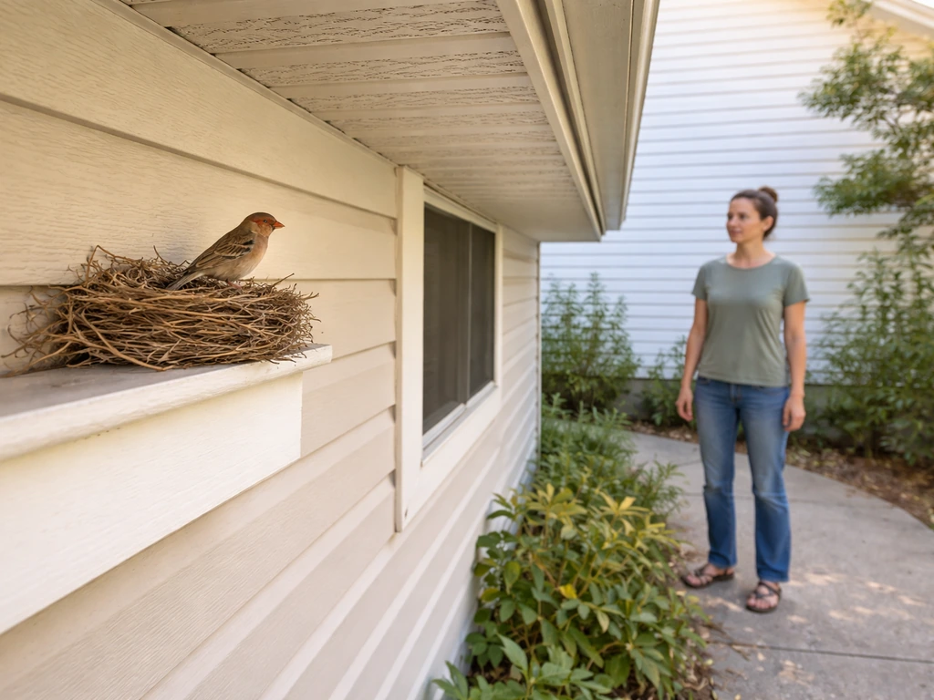 Homeowner keeping distance while a small bird perches near a nest-like spot under a house eave.