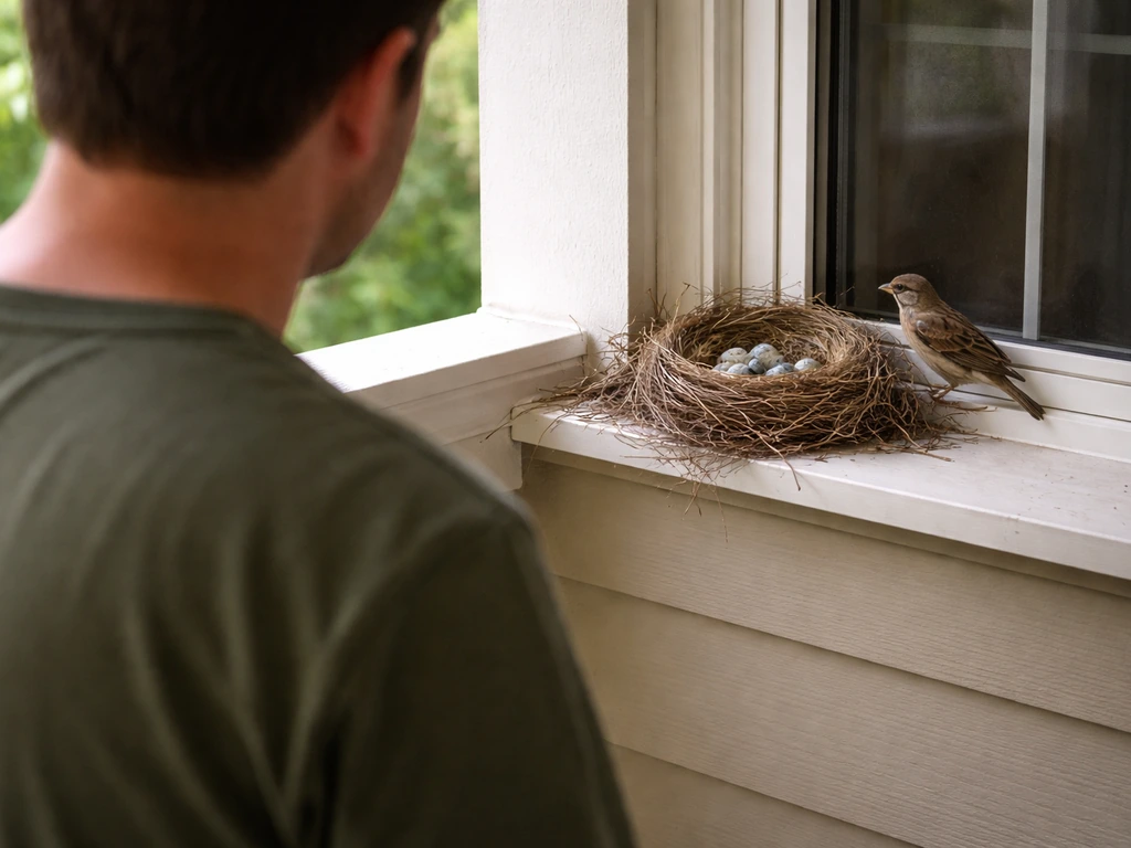 Homeowner watching from a distance as a bird nests on a porch ledge; nest and eggs are visible