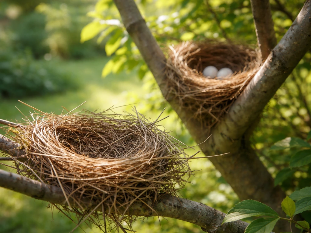 Backyard bird nest area showing twig building and eggs nestled under warm light.