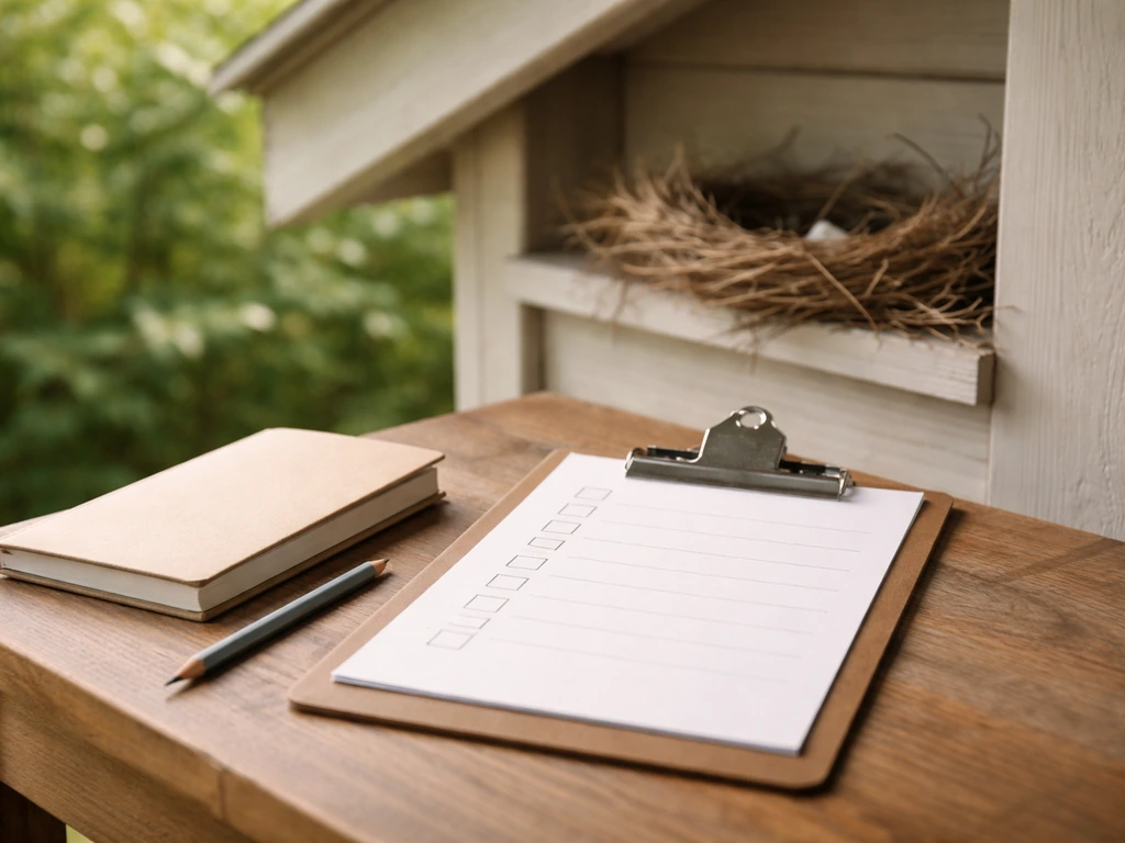 Clipboard checklist beside a quiet garden nest area, suggesting humane legal precautions without showing eggs.