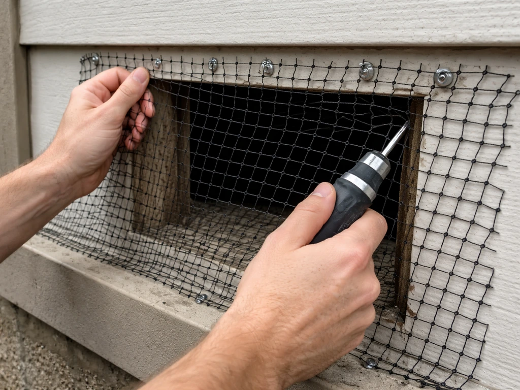 Person installing bird-exclusion mesh over a small exterior opening, showing the mesh being attached.