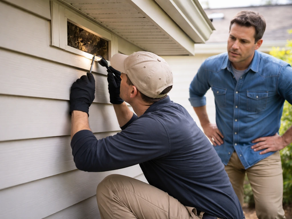 Anonymous wildlife technician inspecting a home soffit/vent while a homeowner watches nearby.