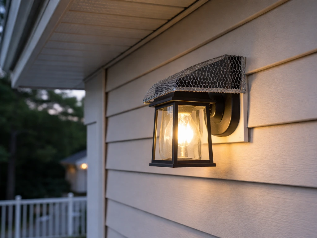 Clean outdoor porch light fixture with a protective barrier on the mounting ledge, no nest or birds.