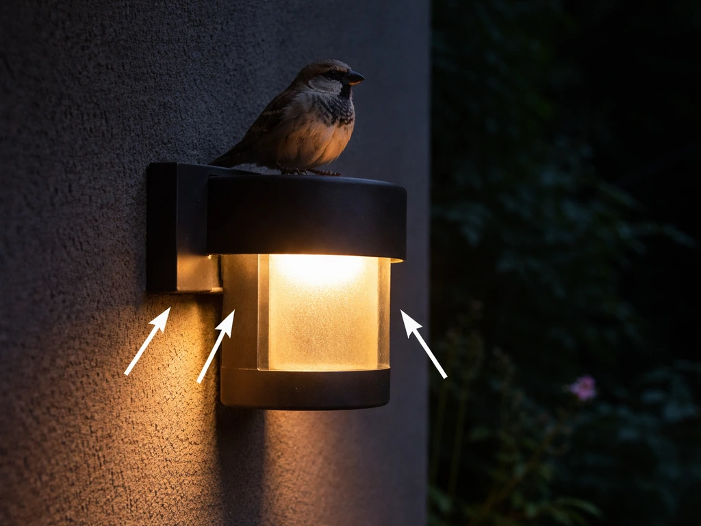 A bird perched by a warm outdoor light, highlighting the sheltered ledge under the mounting bracket.