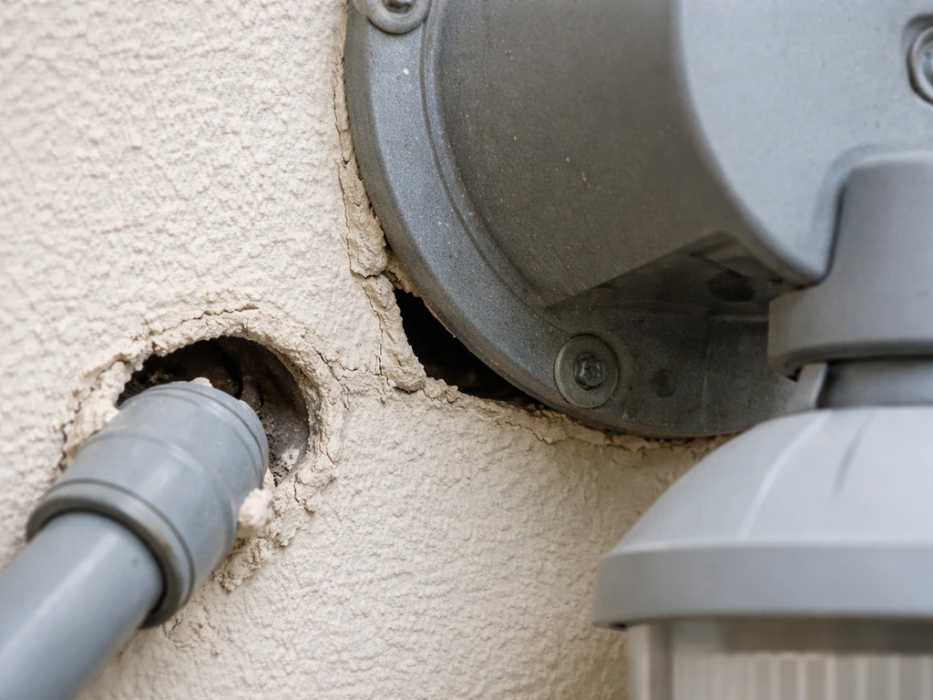 Close-up of a fixture base with an open exclusion gap and a wall conduit entry showing vulnerable access space.