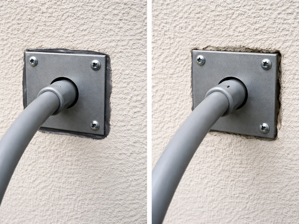 Split view of two wall-mount scenarios: sealed conduit plate vs open gap inviting birds to nest