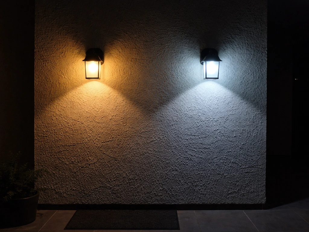 Two adjacent outdoor lights show warm amber glow next to cool blue-white light on a dark wall.