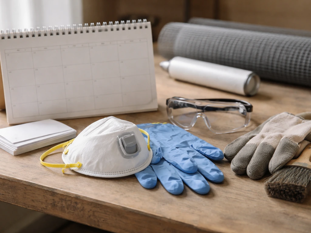PPE respirator, gloves, goggles and a blank desk calendar on a workbench for seasonal bird prevention planning.