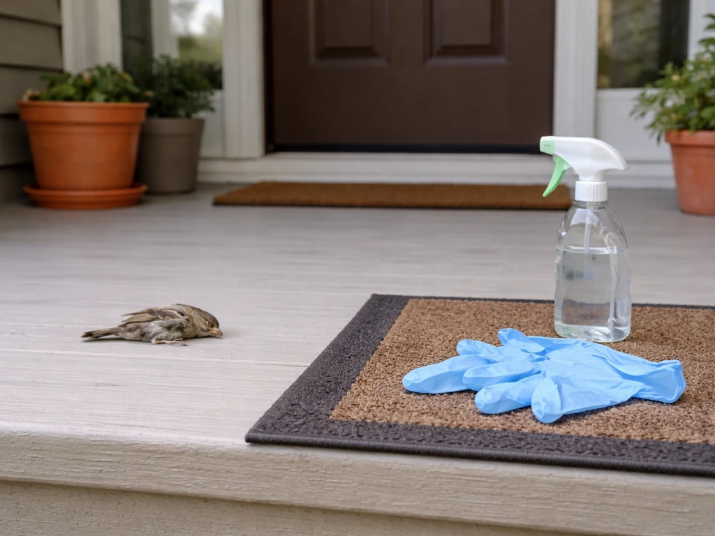 A dead bird on a front porch floor with gloves and cleaning spray nearby in natural light.