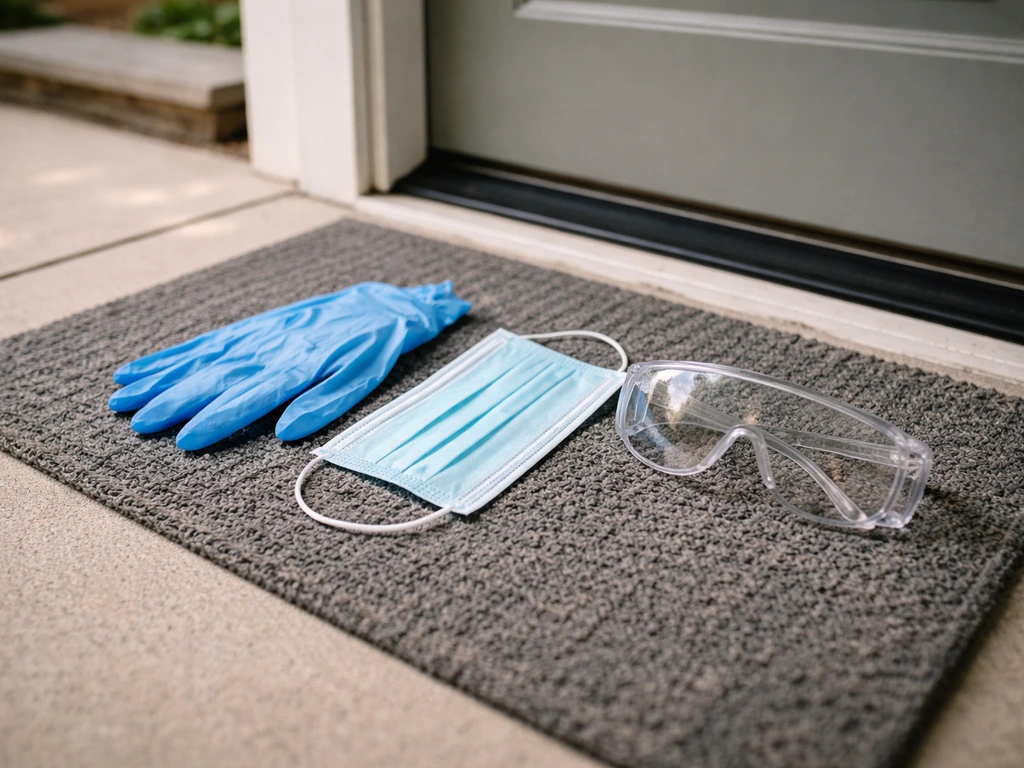 Safety gear laid out on a porch—gloves, face mask, and eye protection ready before approaching a dead bird.