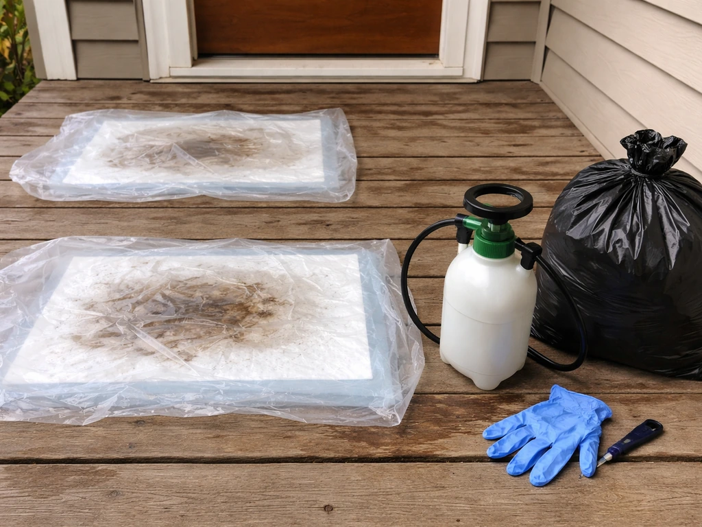 Two small covered areas on a porch with gloves and cleaning supplies, indicating professional cleanup is needed.